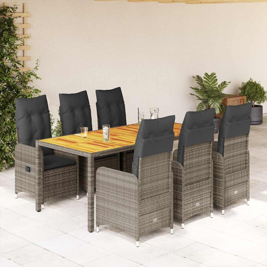 vidaXL 7-delige Bistroset met kussens poly rattan grijs afbeelding 1