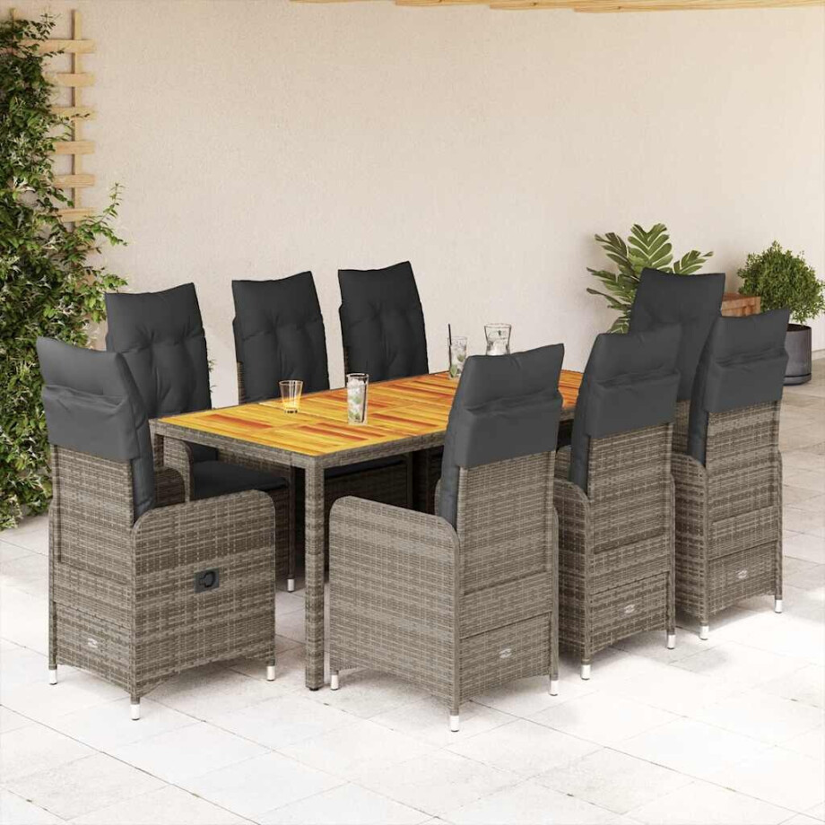 vidaXL 9-delige Bistroset met kussens poly rattan grijs afbeelding 1
