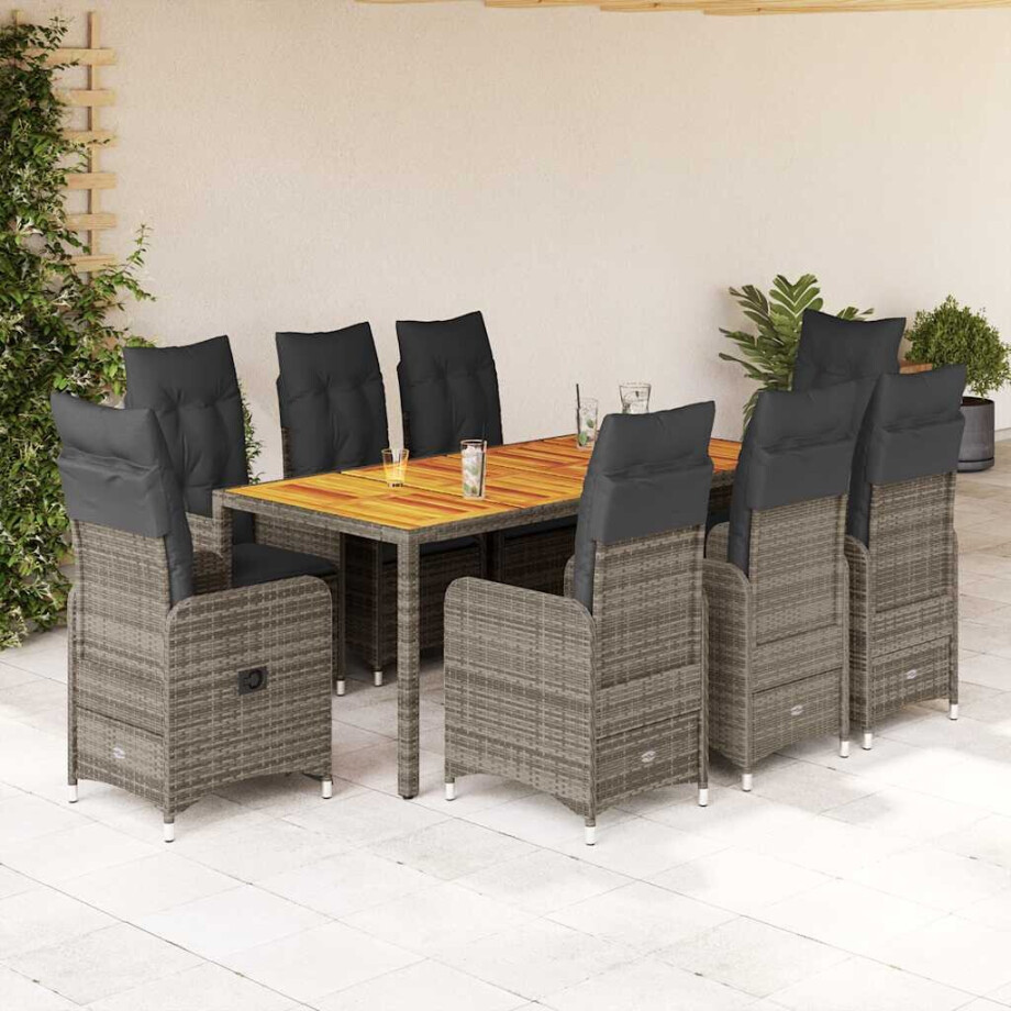 vidaXL 9-delige Bistroset met kussens poly rattan grijs vidaXL 9-delige Bistroset met kussens poly rattan grijs afbeelding 1