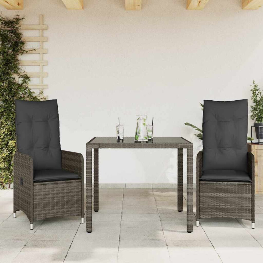 vidaXL 3-delige Bistroset met kussens poly rattan grijs afbeelding 1