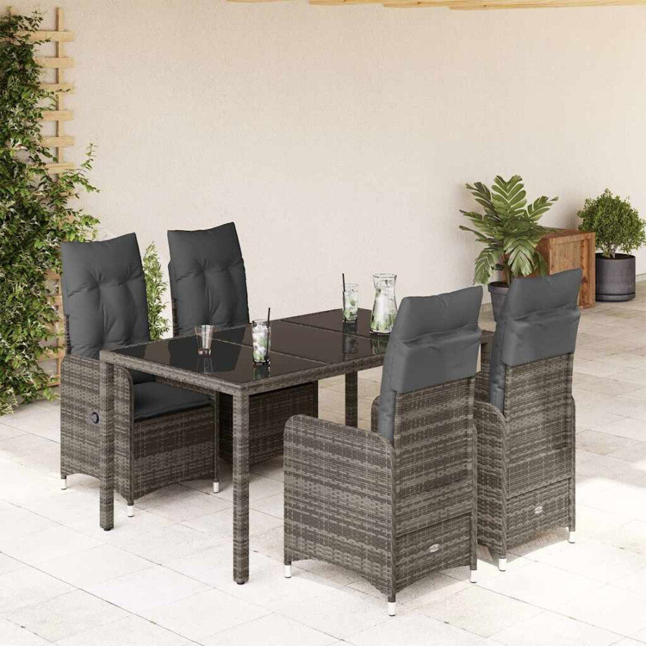 vidaXL 5-delige Bistroset met kussens poly rattan grijs afbeelding 1