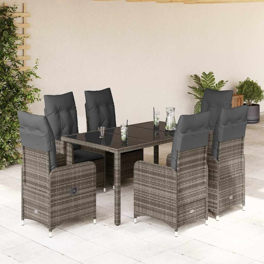 vidaXL 7-delige Bistroset met kussens poly rattan grijs afbeelding 1