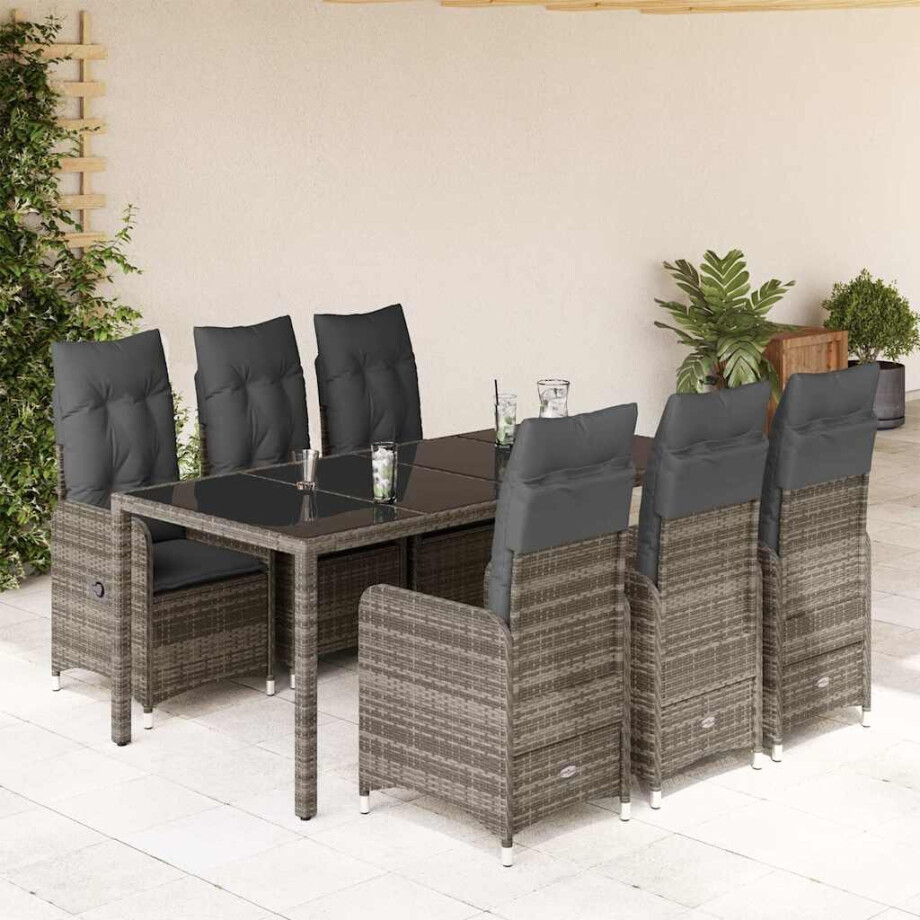 vidaXL 7-delige Bistroset met kussens poly rattan grijs afbeelding 1