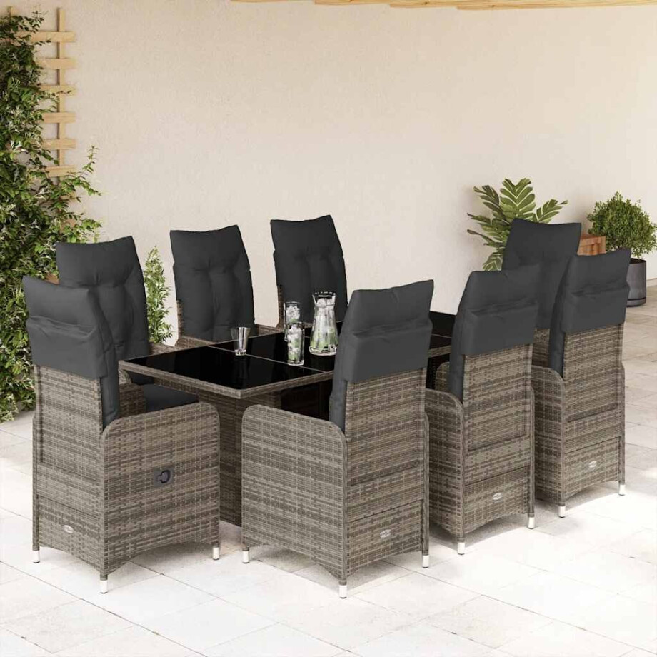 vidaXL 9-delige Bistroset met kussens poly rattan grijs afbeelding 1