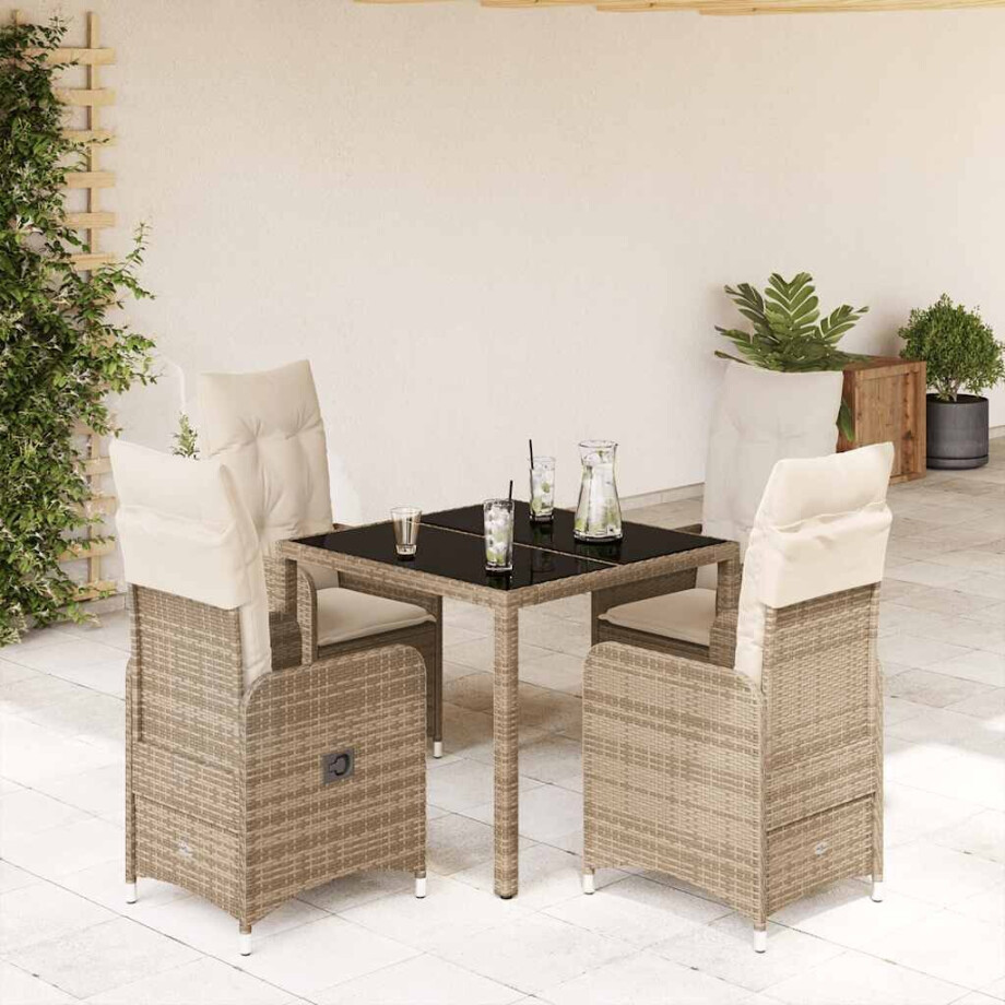vidaXL 5-delige Bistroset met kussens poly rattan beige afbeelding 1