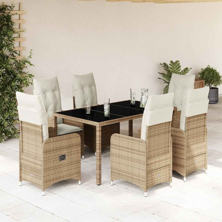vidaXL 7-delige Bistroset met kussens poly rattan beige afbeelding 1
