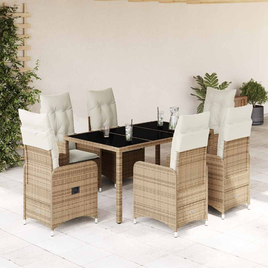 vidaXL 7-delige Bistroset met kussens poly rattan beige afbeelding 1