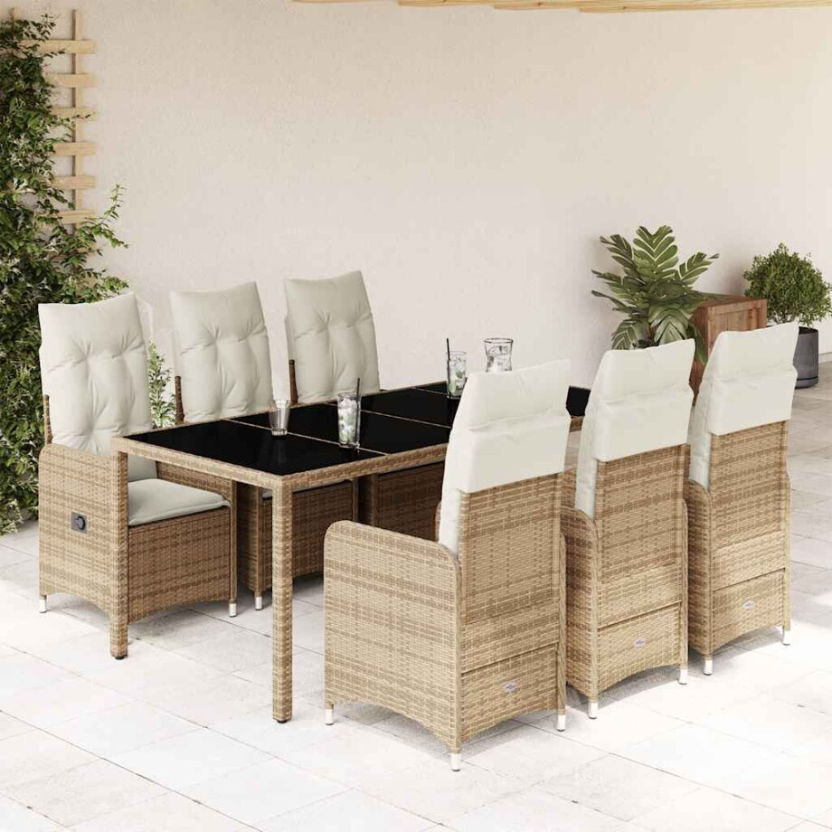 vidaXL 7-delige Bistroset met kussens poly rattan beige afbeelding 1