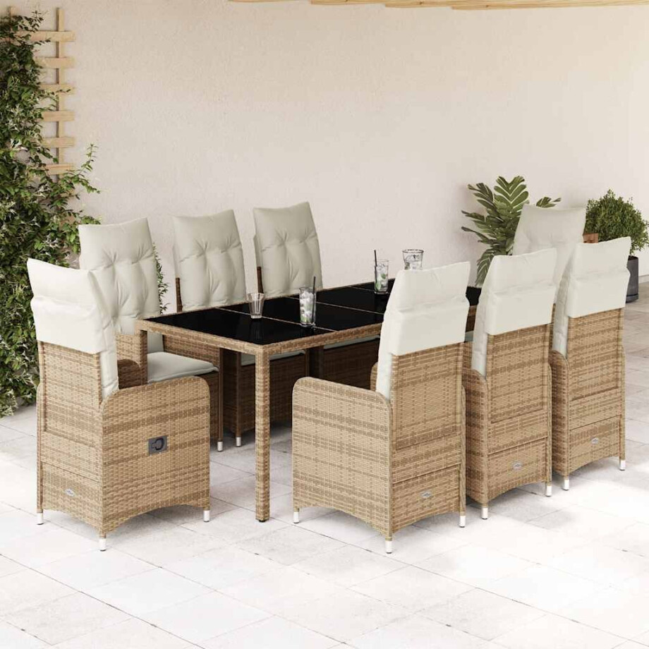 vidaXL 9-delige Bistroset met kussens poly rattan beige afbeelding 1
