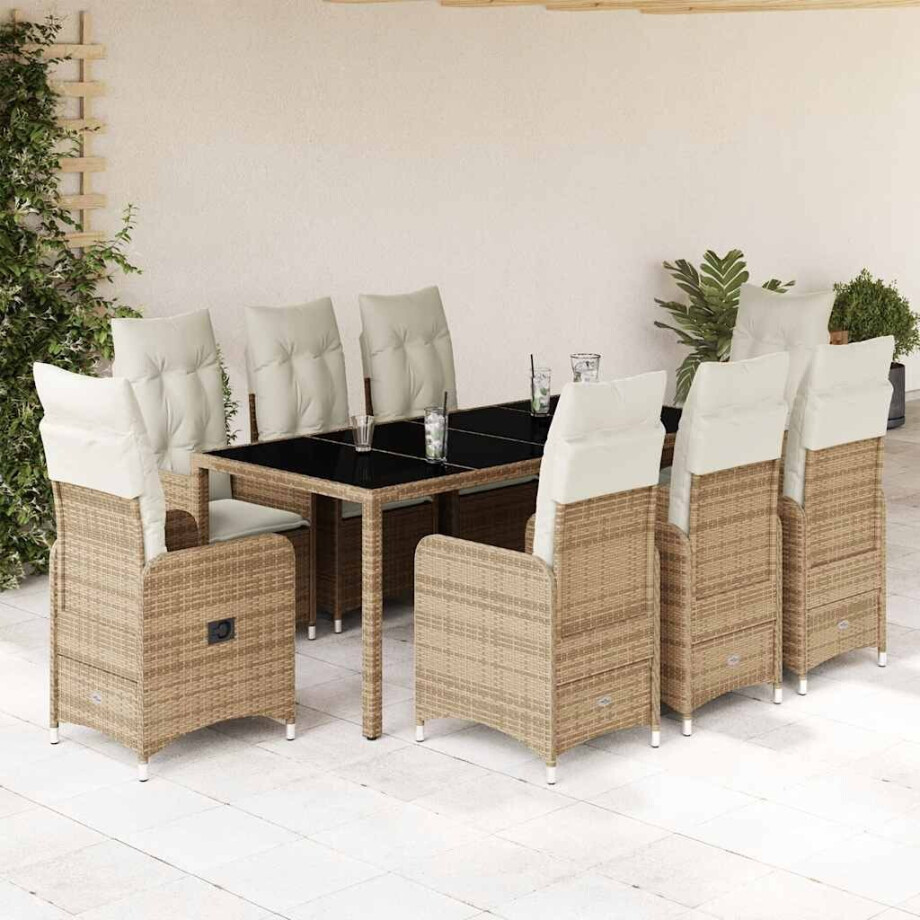 vidaXL 9-delige Bistroset met kussens poly rattan beige vidaXL 9-delige Bistroset met kussens poly rattan beige afbeelding 1