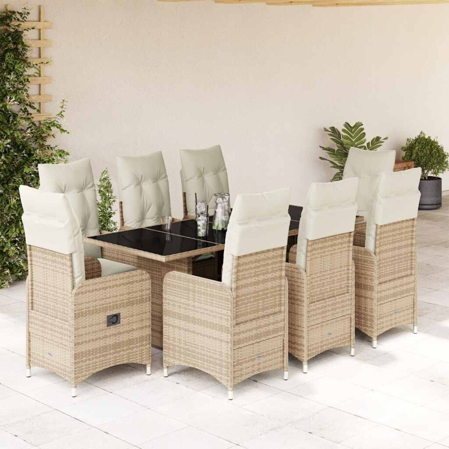 vidaXL 9-delige Bistroset met kussens poly rattan beige afbeelding 1