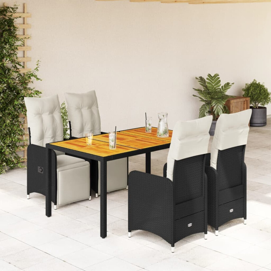 vidaXL 5-delige Bistroset met kussens poly rattan zwart afbeelding 1