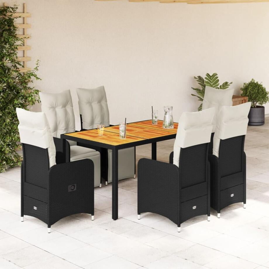 vidaXL 7-delige Bistroset met kussens poly rattan zwart afbeelding 1