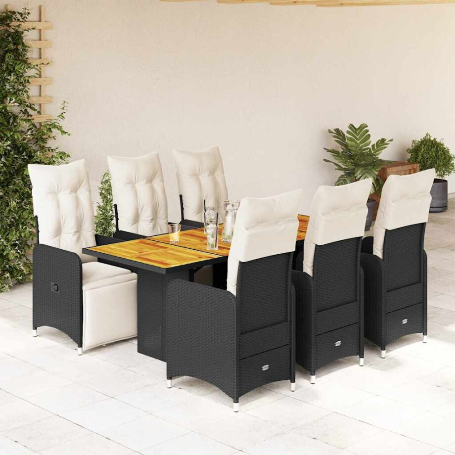 vidaXL 7-delige Bistroset met kussens poly rattan zwart afbeelding 1