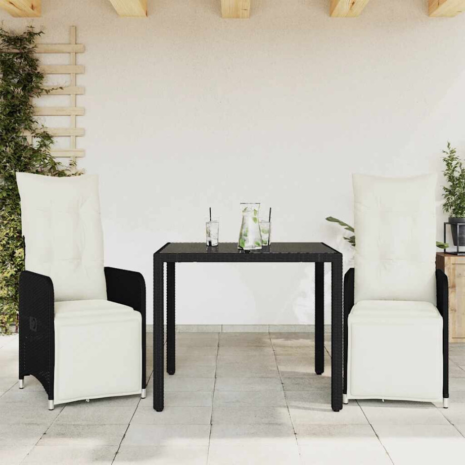 vidaXL 3-delige Bistroset met kussens poly rattan zwart afbeelding 1