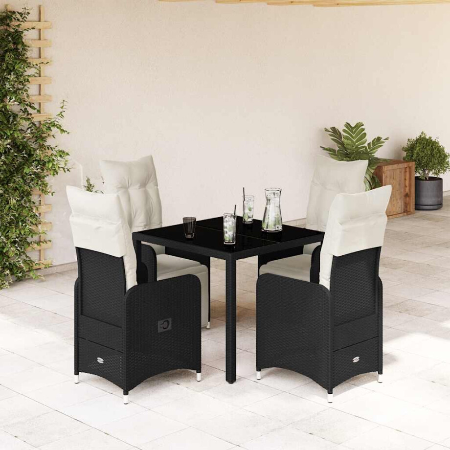 vidaXL 5-delige Bistroset met kussens poly rattan zwart afbeelding 1
