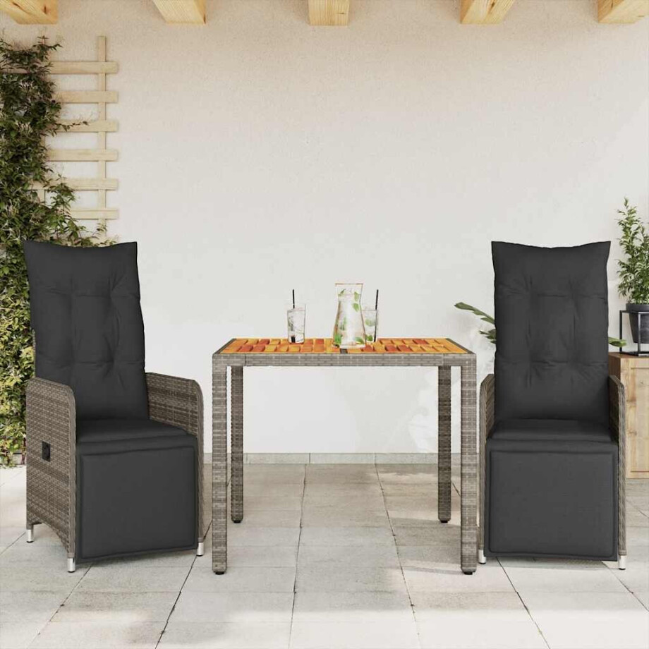 vidaXL 3-delige Bistroset met kussens poly rattan grijs afbeelding 1