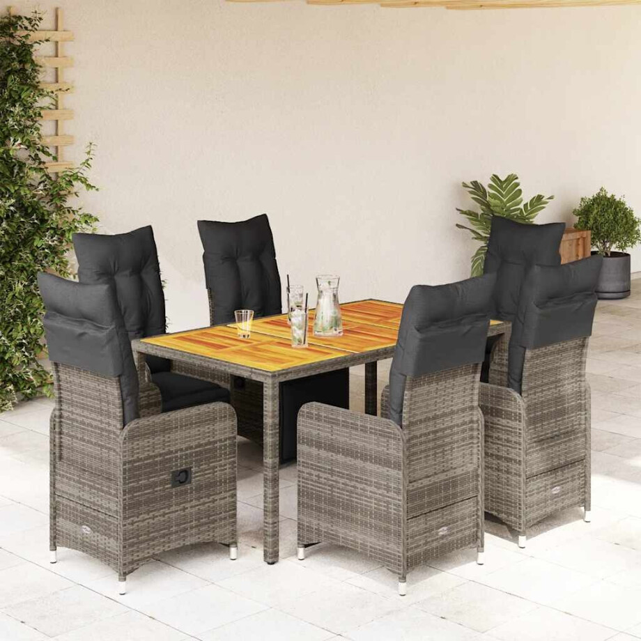 vidaXL 7-delige Bistroset met kussens poly rattan grijs afbeelding 1