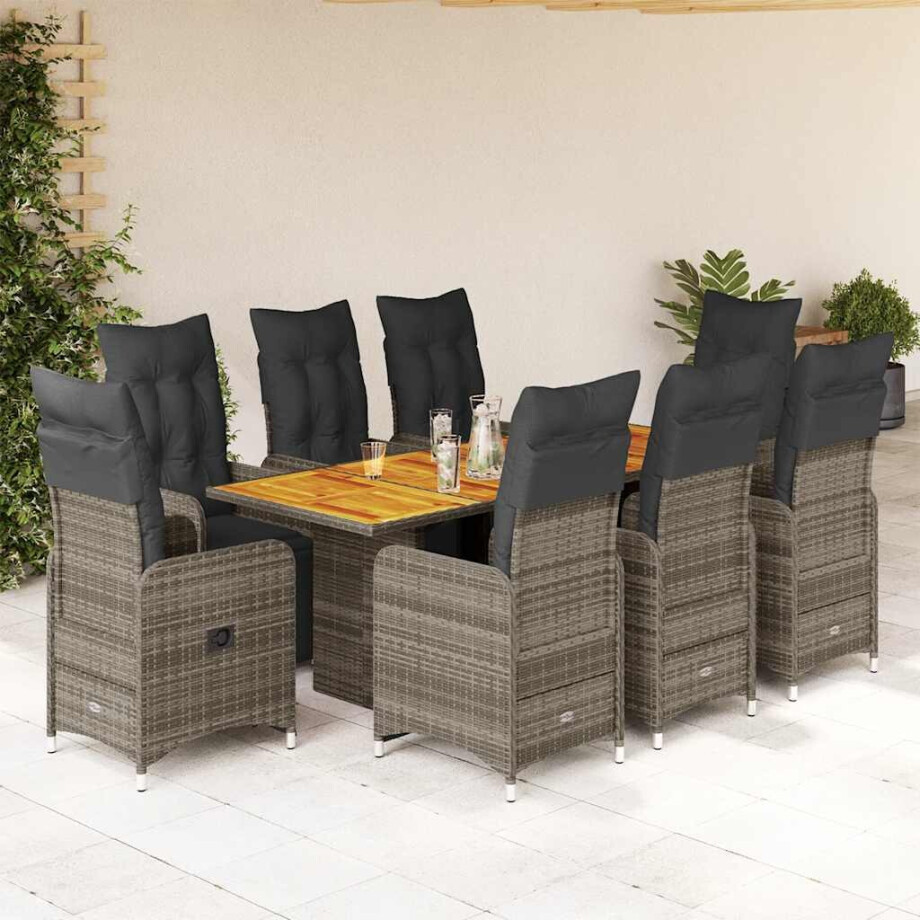 vidaXL 9-delige Bistroset met kussens poly rattan grijs afbeelding 1