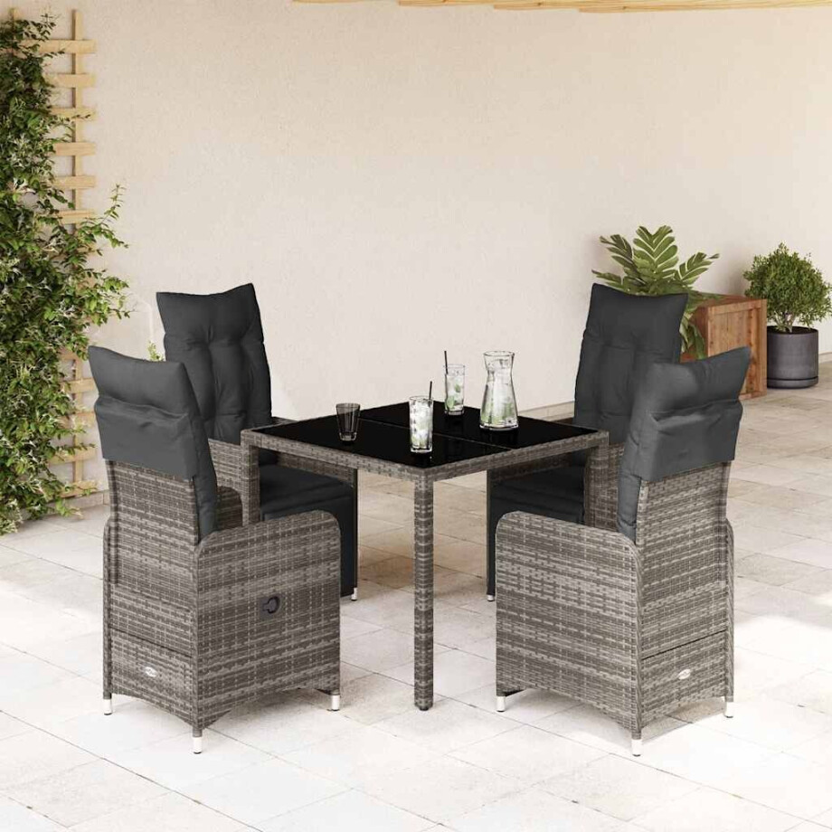 vidaXL 5-delige Bistroset met kussens poly rattan grijs afbeelding 1