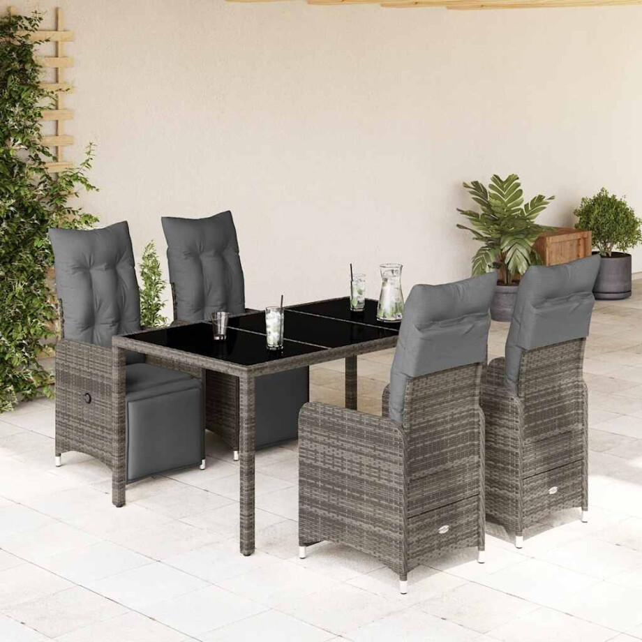vidaXL 5-delige Bistroset met kussens poly rattan grijs afbeelding 1
