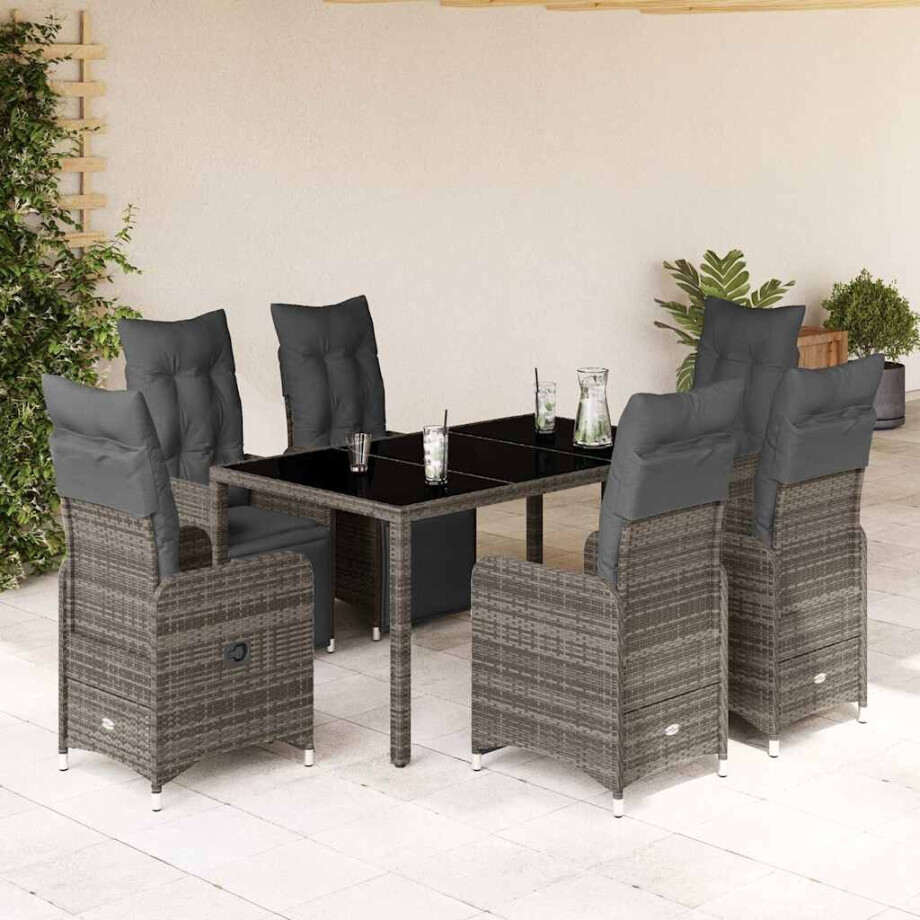 vidaXL 7-delige Bistroset met kussens poly rattan grijs afbeelding 1