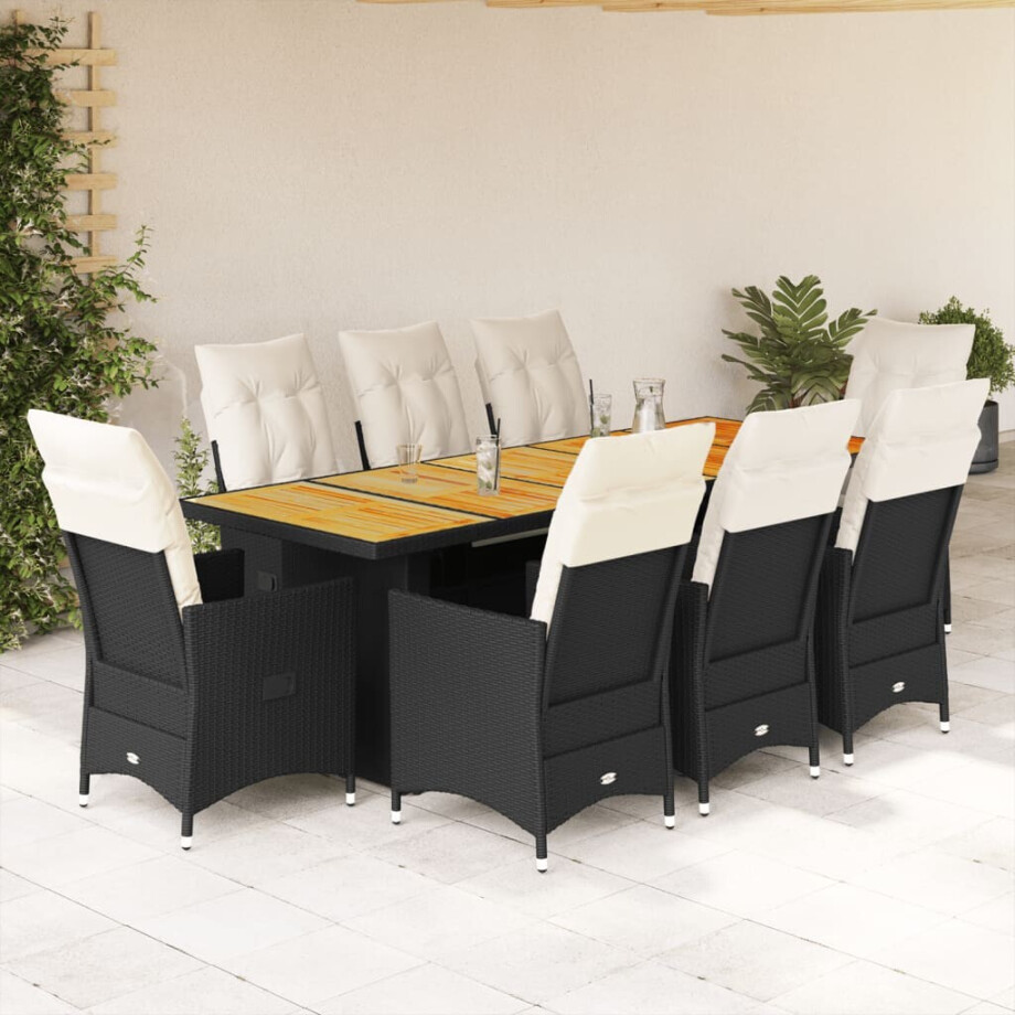 vidaXL 9-delige Bistroset met kussens poly rattan zwart afbeelding 1