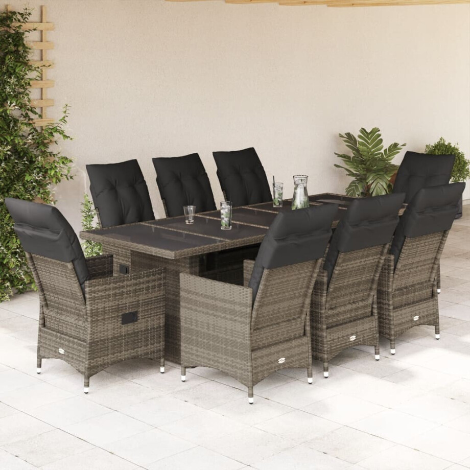 vidaXL 9-delige Bistroset met kussens poly rattan grijs afbeelding 1