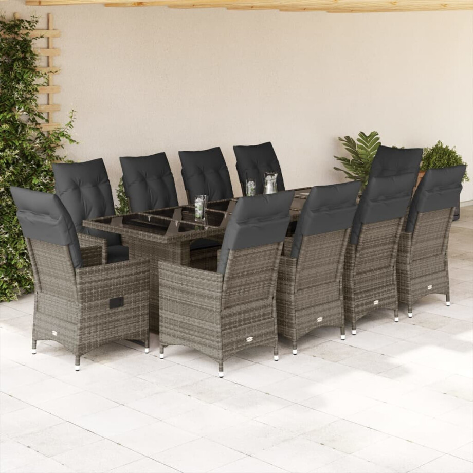 vidaXL 11-delige Bistroset met kussens poly rattan grijs afbeelding 1