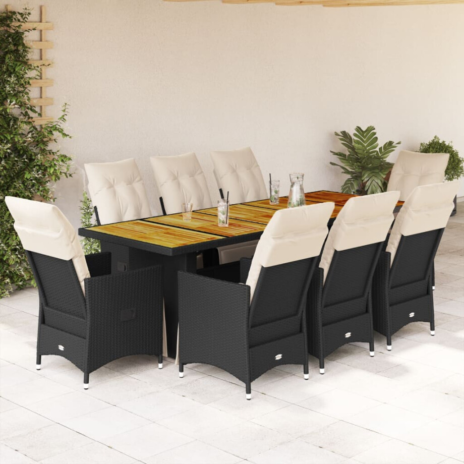 vidaXL 9-delige Bistroset met kussens poly rattan zwart vidaXL 9-delige Bistroset met kussens poly rattan zwart afbeelding 1