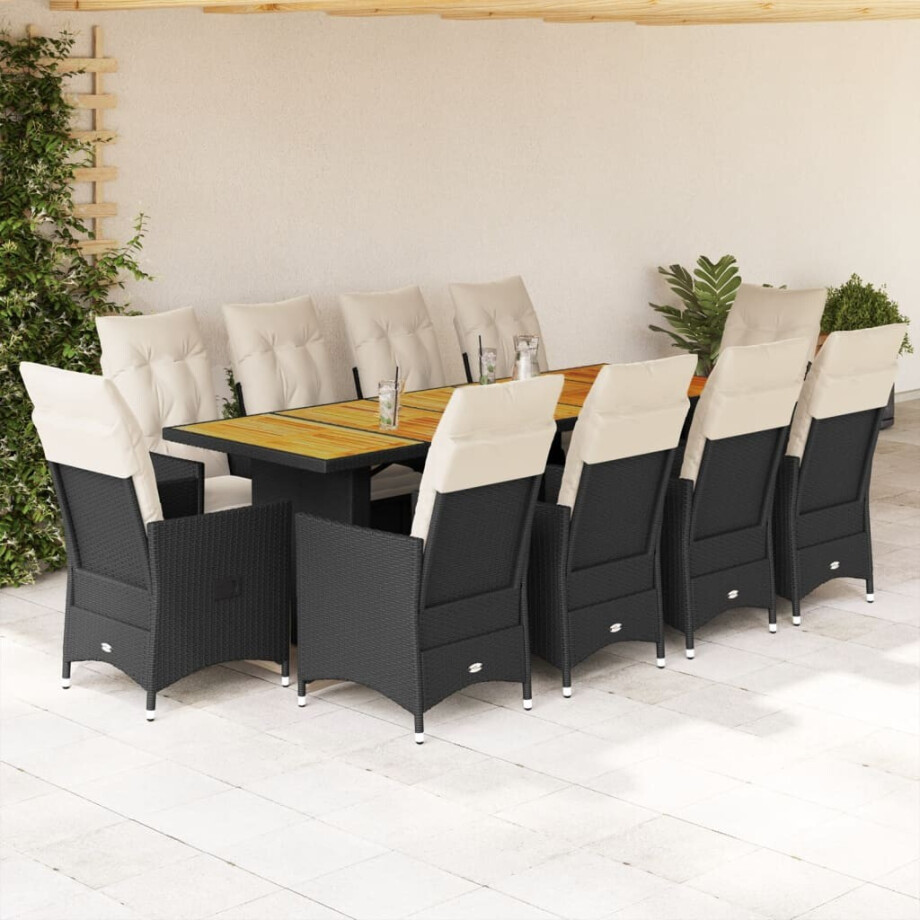 vidaXL 11-delige Bistroset met kussens poly rattan zwart afbeelding 1