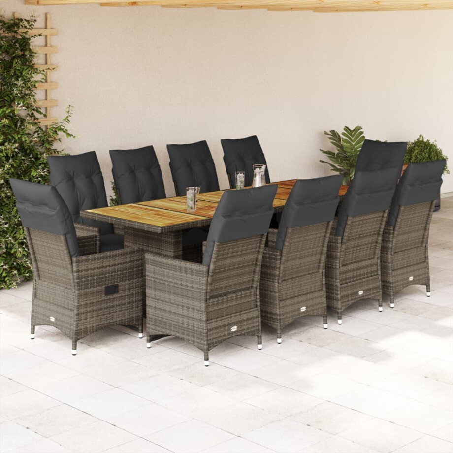 vidaXL 11-delige Bistroset met kussens poly rattan grijs afbeelding 1