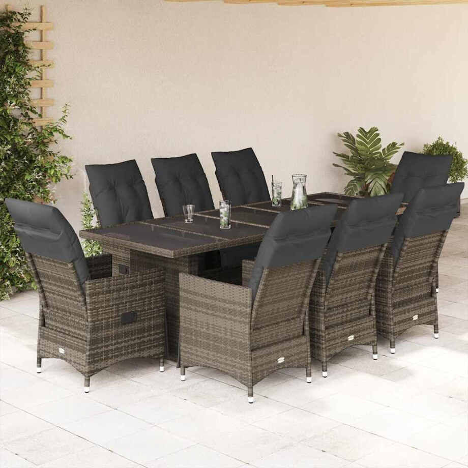 vidaXL 9-delige Bistroset met kussens poly rattan grijs vidaXL 9-delige Bistroset met kussens poly rattan grijs afbeelding 1
