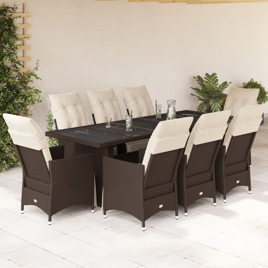 vidaXL 9-delige Bistroset met kussens poly rattan bruin afbeelding 1