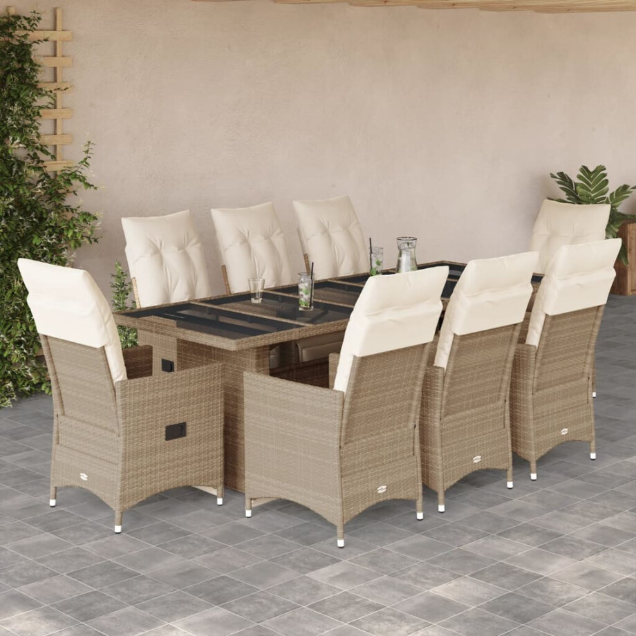 vidaXL 9-delige Bistroset met kussens poly rattan beige afbeelding 1