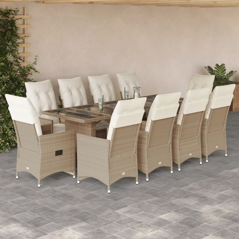 vidaXL 11-delige Bistroset met kussens poly rattan beige afbeelding 1