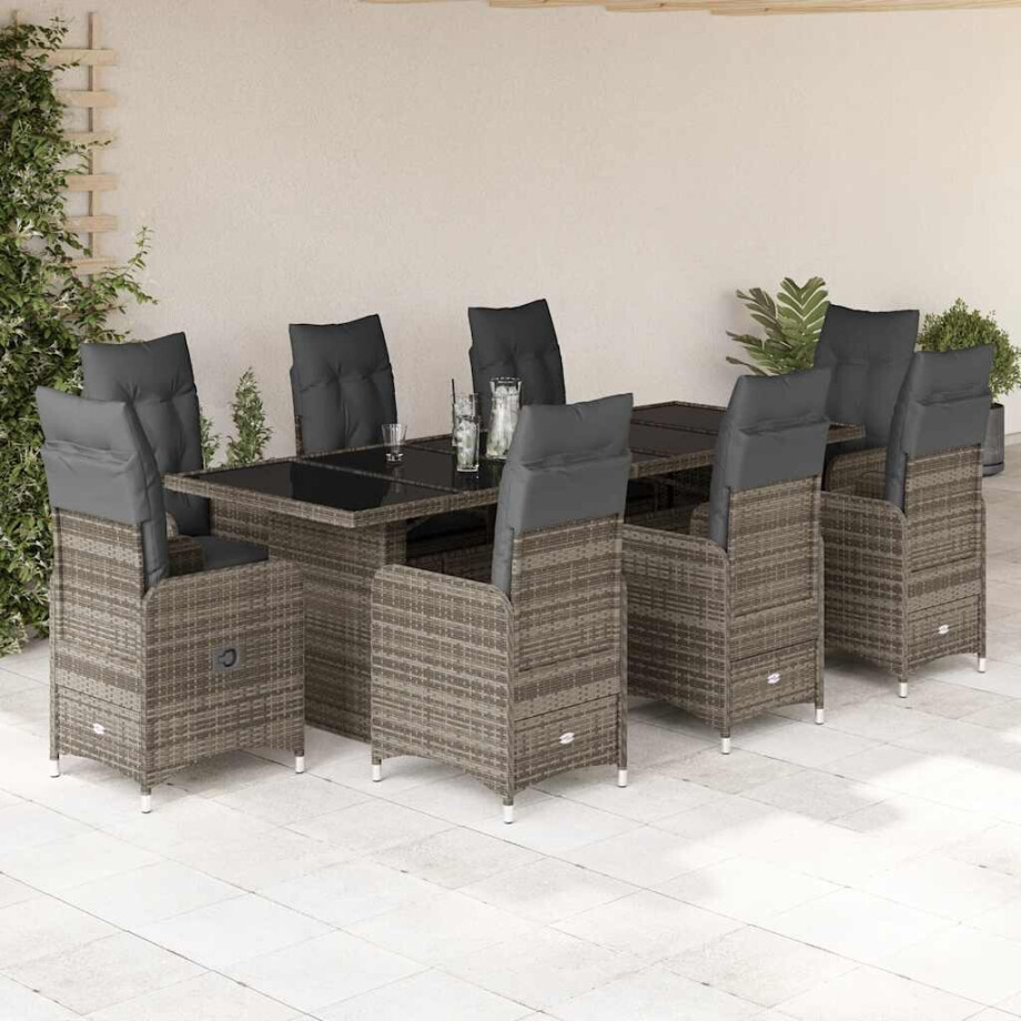 vidaXL 9-delige Bistroset met kussens poly rattan grijs vidaXL 9-delige Bistroset met kussens poly rattan grijs afbeelding 1