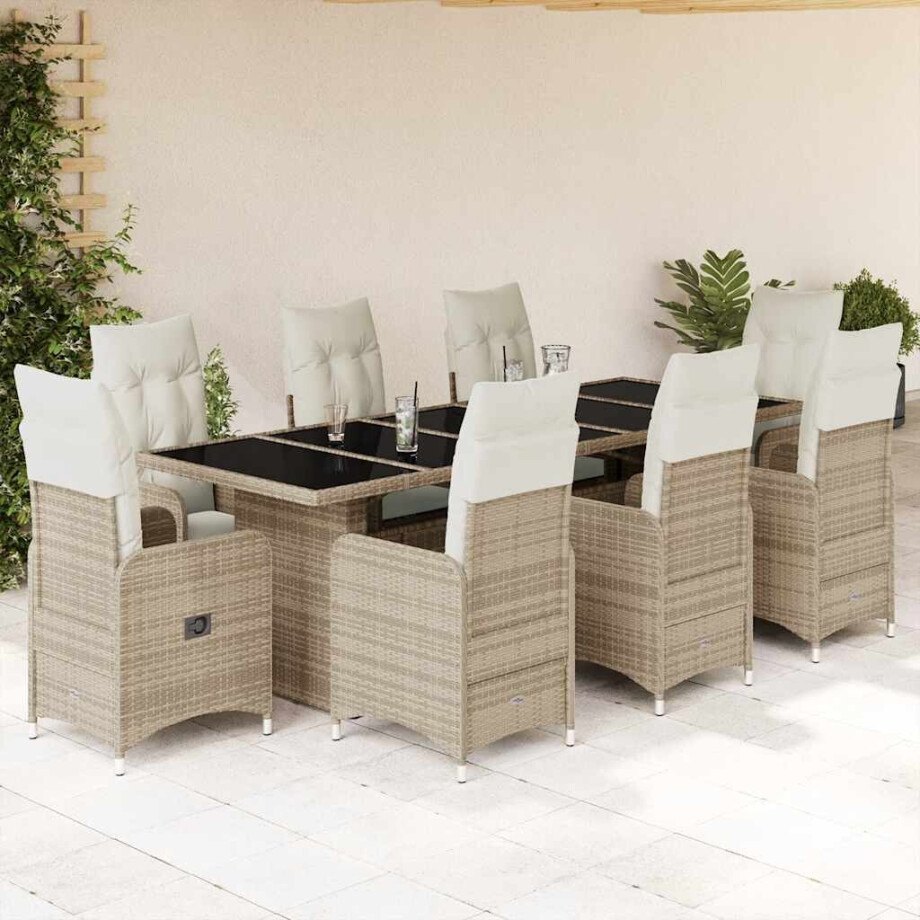 vidaXL 9-delige Bistroset met kussens poly rattan beige afbeelding 1