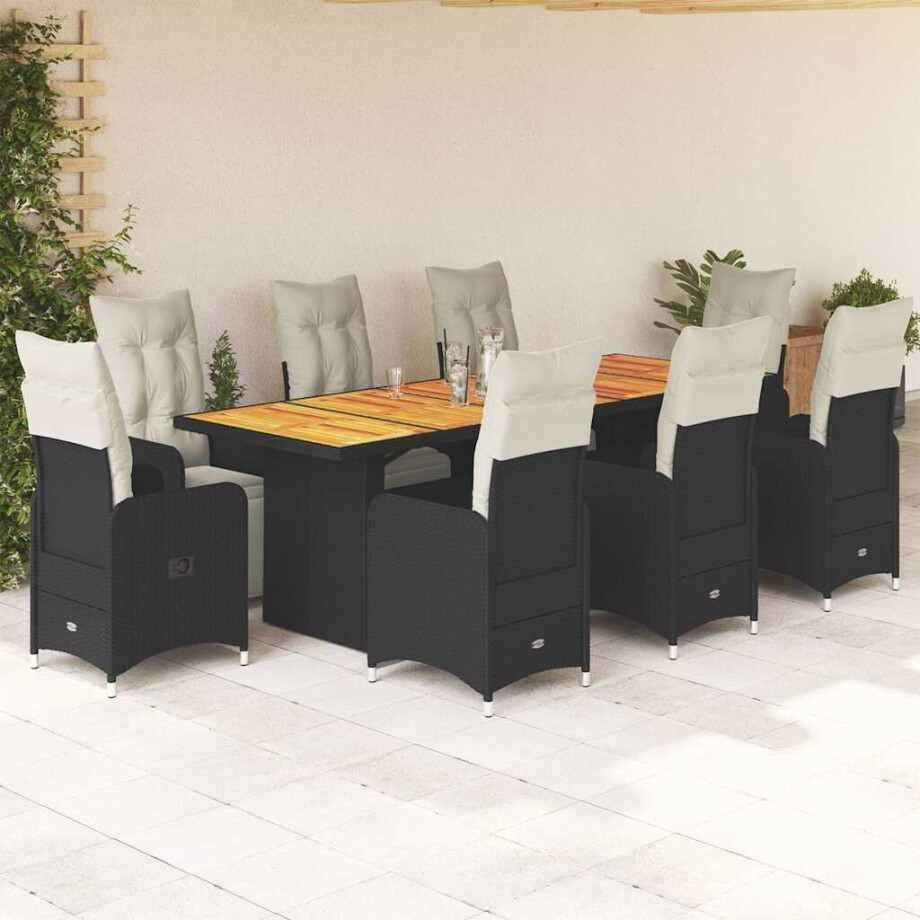 vidaXL 9-delige Bistroset met kussens poly rattan zwart afbeelding 1