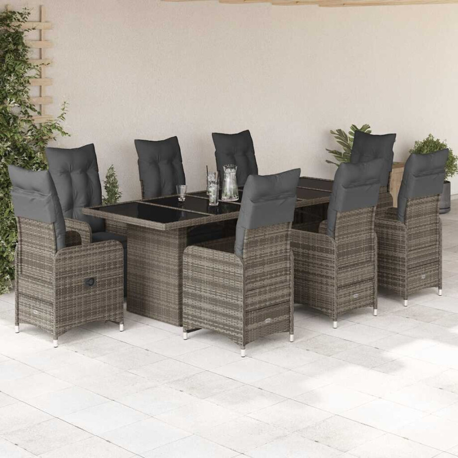 vidaXL 9-delige Bistroset met kussens poly rattan grijs afbeelding 1
