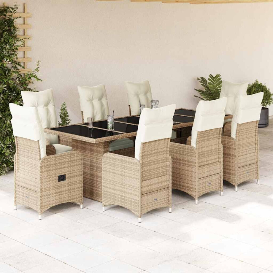 vidaXL 9-delige Bistroset met kussens poly rattan beige afbeelding 1