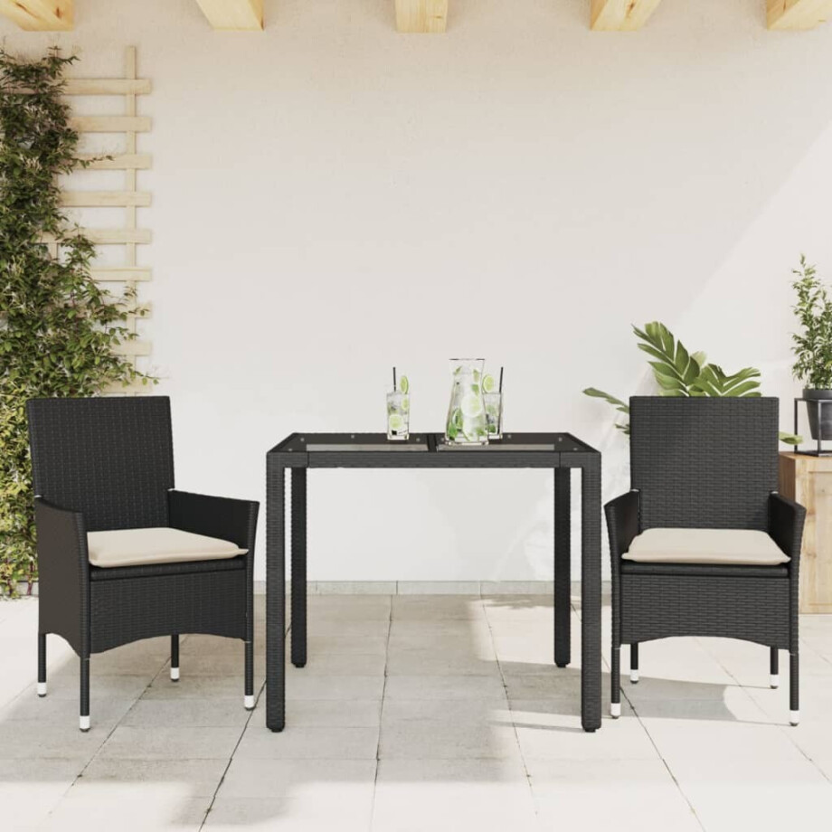 vidaXL 3-delige Tuinset met kussens poly rattan en glas zwart afbeelding 1