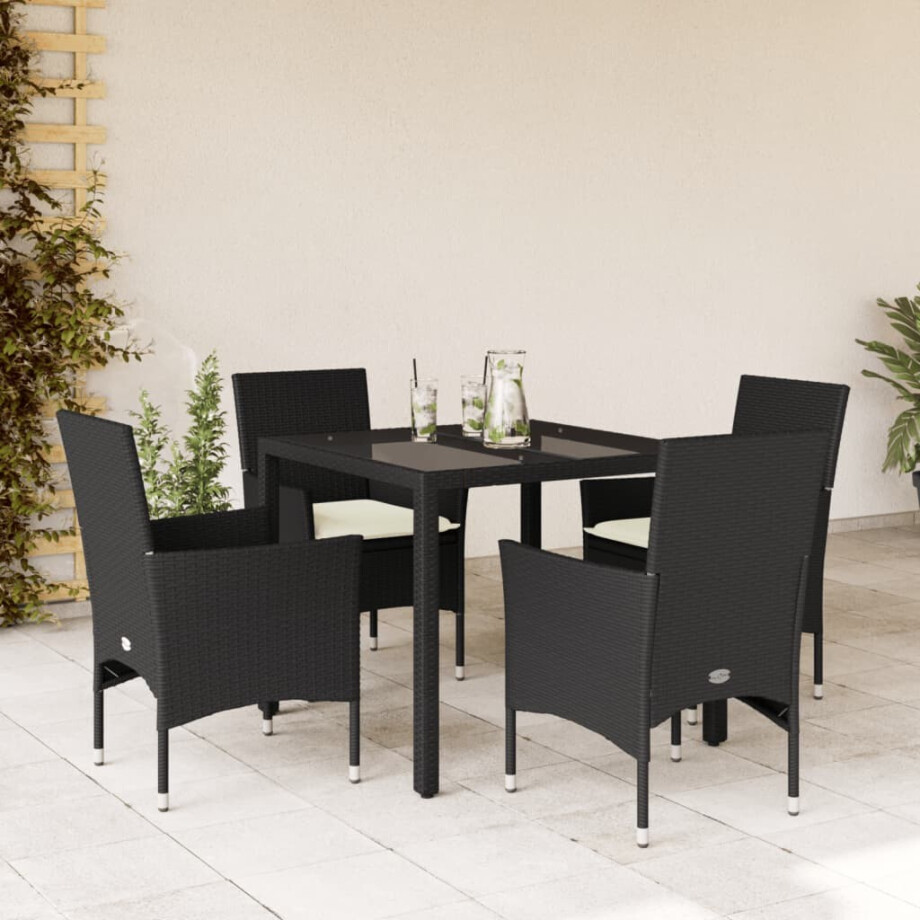 vidaXL 5-delige Tuinset met kussens poly rattan en glas zwart afbeelding 1