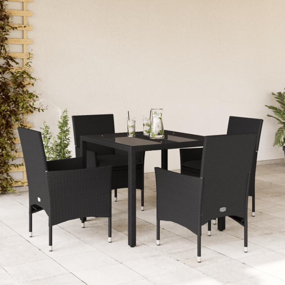 vidaXL 5-delige Tuinset met kussens poly rattan en glas zwart afbeelding 1