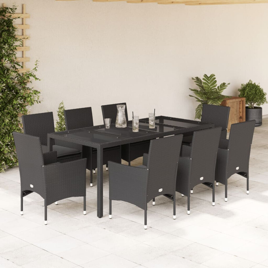 vidaXL 9-delige Tuinset met kussens poly rattan en glas zwart afbeelding 1