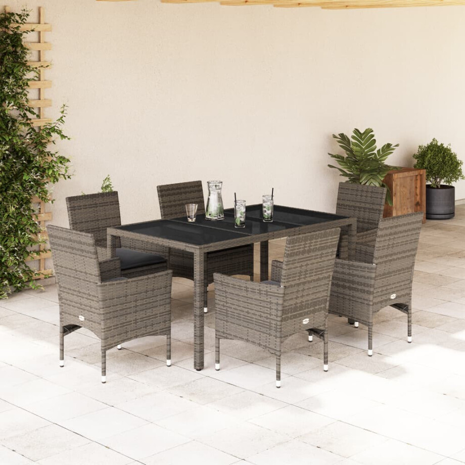 vidaXL 7-delige Tuinset met kussens poly rattan en glas grijs vidaXL 7-delige Tuinset met kussens poly rattan en glas grijs afbeelding 1