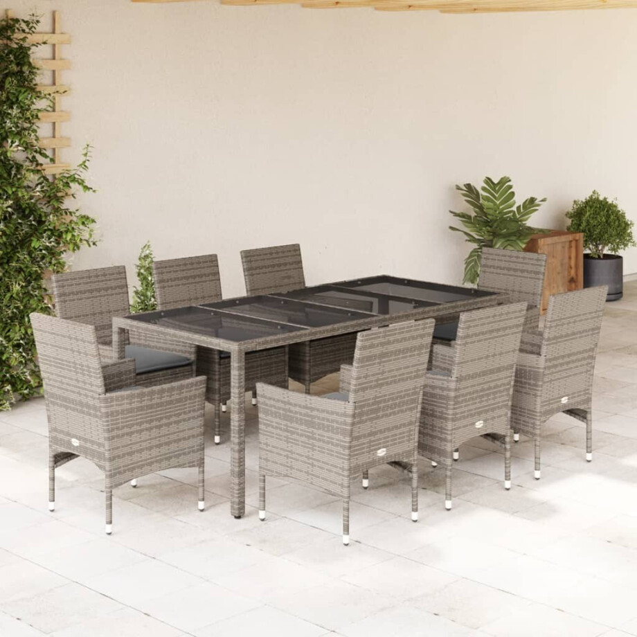 vidaXL 9-delige Tuinset met kussens poly rattan en glas grijs vidaXL 9-delige Tuinset met kussens poly rattan en glas grijs afbeelding 1