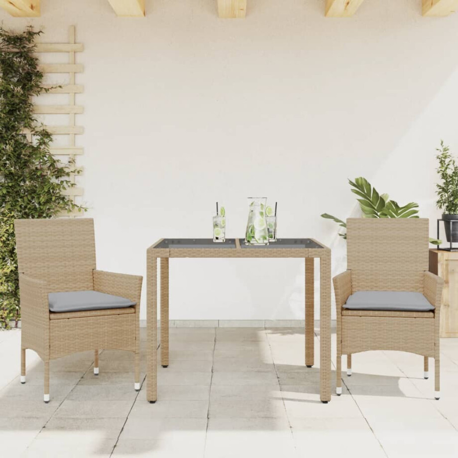 vidaXL 3-delige Tuinset met kussens poly rattan en glas beige vidaXL 3-delige Tuinset met kussens poly rattan en glas beige afbeelding 1