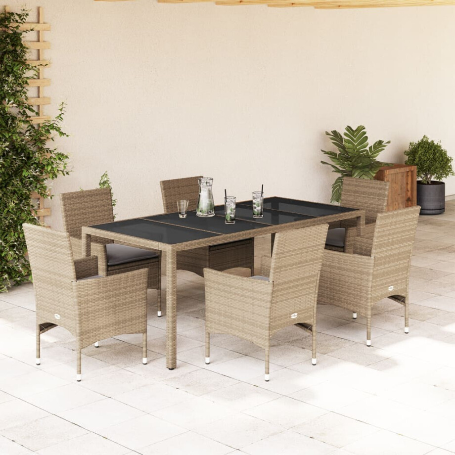 vidaXL 7-delige Tuinset met kussens poly rattan en glas beige vidaXL 7-delige Tuinset met kussens poly rattan en glas beige afbeelding 1