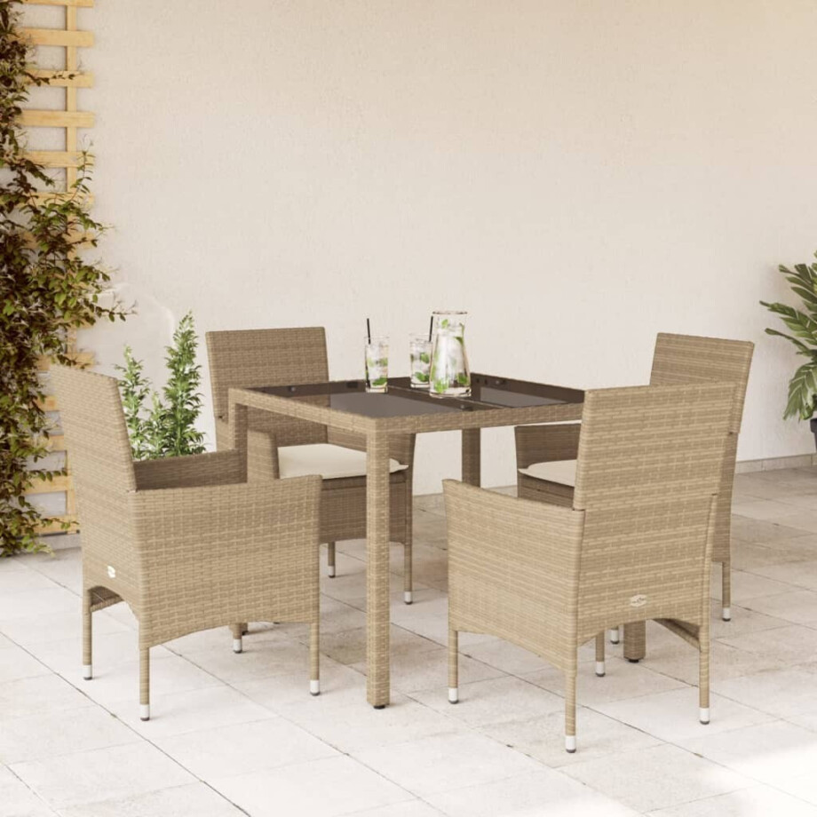 vidaXL 5-delige Tuinset met kussens poly rattan en glas beige afbeelding 1